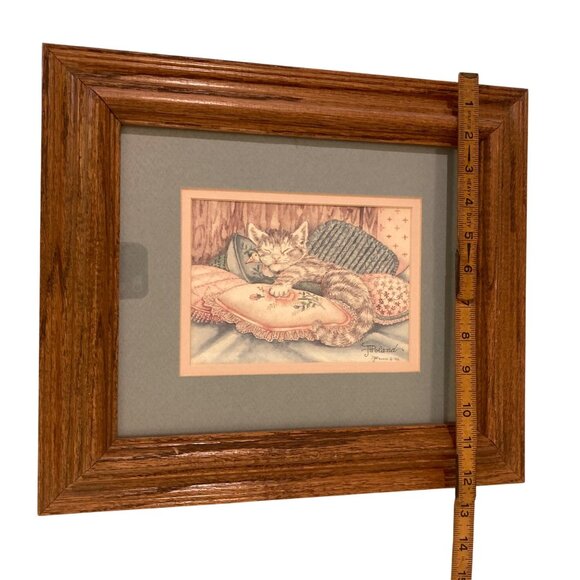 Watercolor Painting Of Cat Kitten Sleeping On Pillows Signed JT Poland - Picture 7 of 7